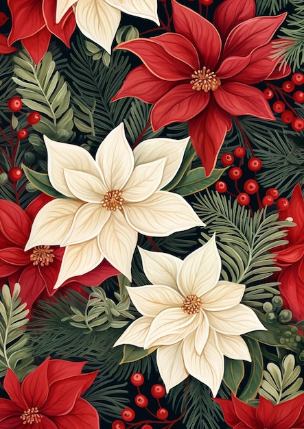 there are many red and white flowers on a green background generative ai