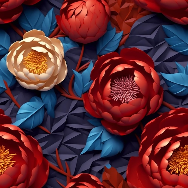 there are many red and yellow flowers on a blue background generative ai