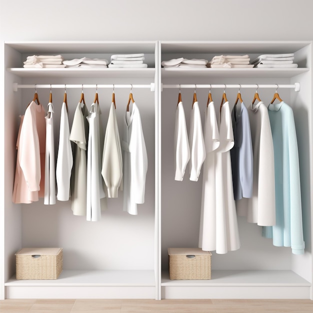 there are many shirts hanging on a rack in a closet generative ai