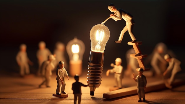 There are many small figurines standing around a light bulb generative ai