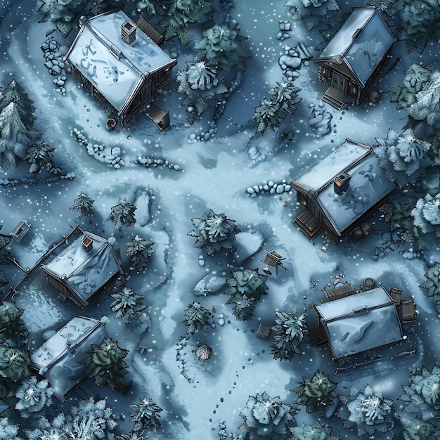 Photo there are many small houses in the snow surrounded by trees