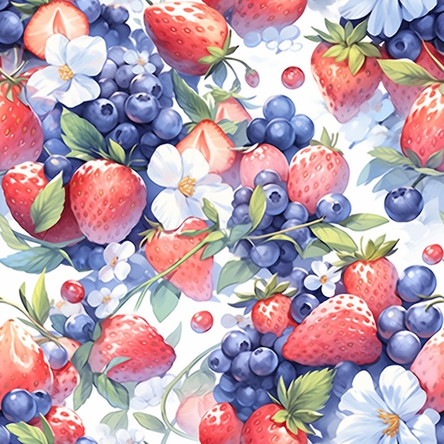 There are many strawberries and blueberries on a white background generative ai