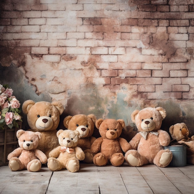 there are many teddy bears sitting in a row next to a bucket generative ai