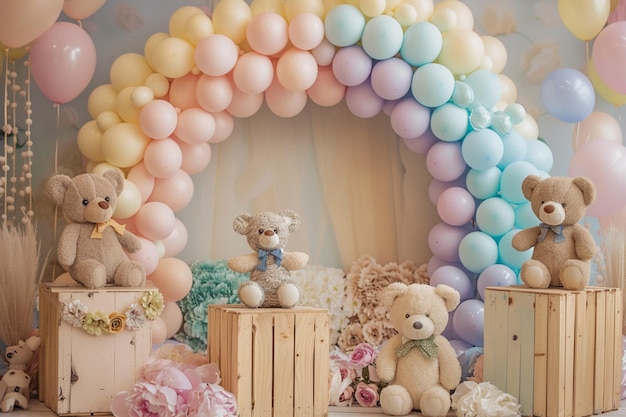 there are many teddy bears sitting on wooden crates under a rainbow arch generative ai