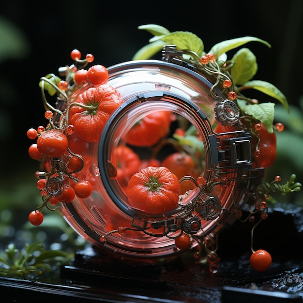 Photo there are many tomatoes in a glass jar with a wire around it generative ai