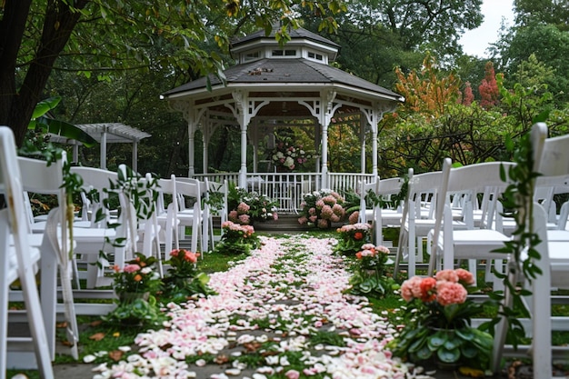 Photo there are many white chairs and a gazebo in the background generative ai