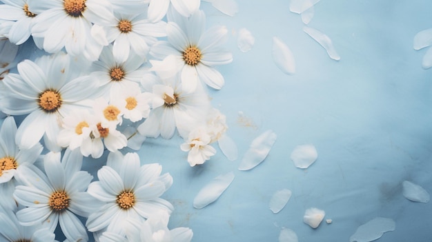 there are many white flowers on a blue background with petals generative ai