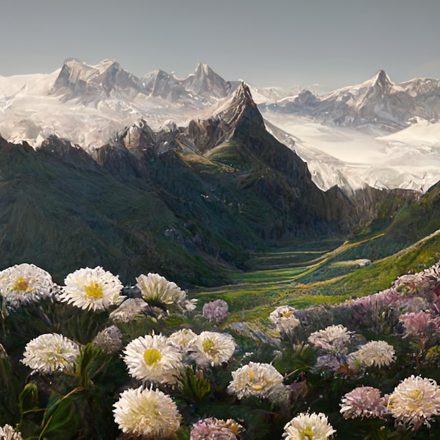 there are many white flowers in the foreground of a mountain valley generative ai