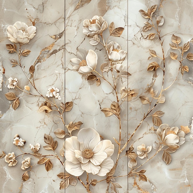 There are many white flowers with gold leaves on a marble surface generative ai