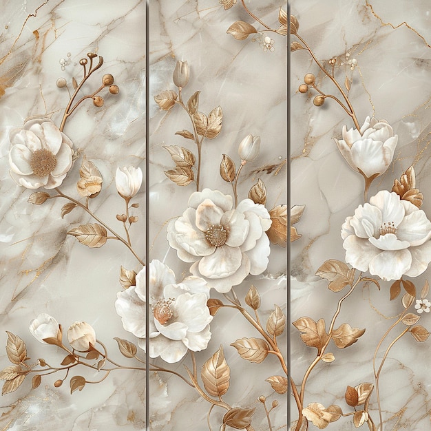 There are many white flowers with gold leaves on a marble surface generative ai