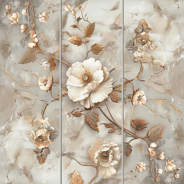 There are many white flowers with gold leaves on a marble surface generative ai