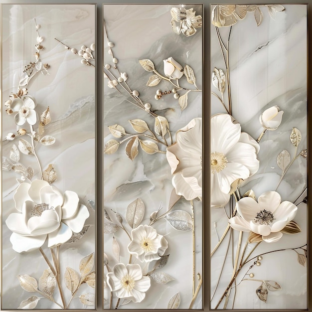 There are many white flowers with gold leaves on a marble surface generative ai