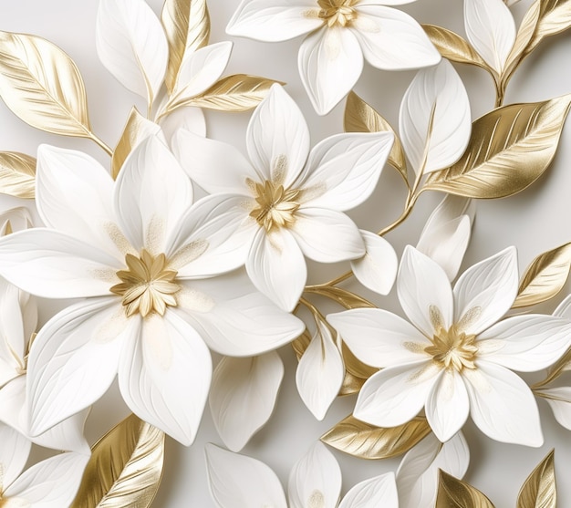 There are many white flowers with gold leaves on a white surface generative ai