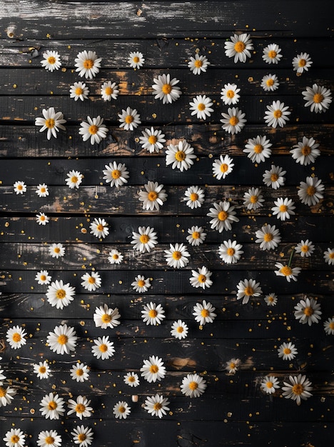 Photo there are many white and yellow flowers on a wooden surface generative ai