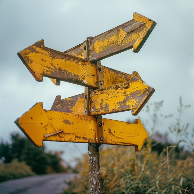 there are many yellow signs on a pole pointing in different directions generative ai