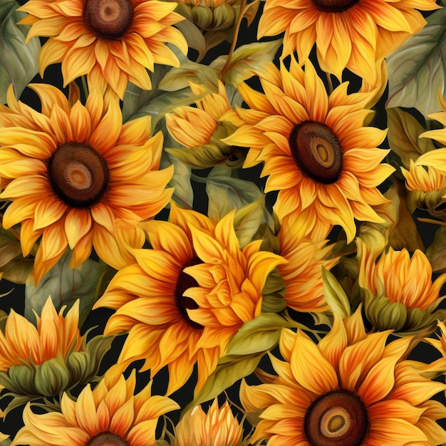 there are many yellow sunflowers with green leaves on them generative ai