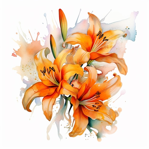 There are orange flowers on a white background with watercolor splashes generative ai