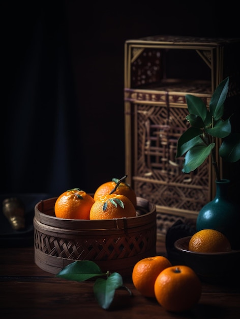 there are oranges in a basket on a table with a vase generative ai