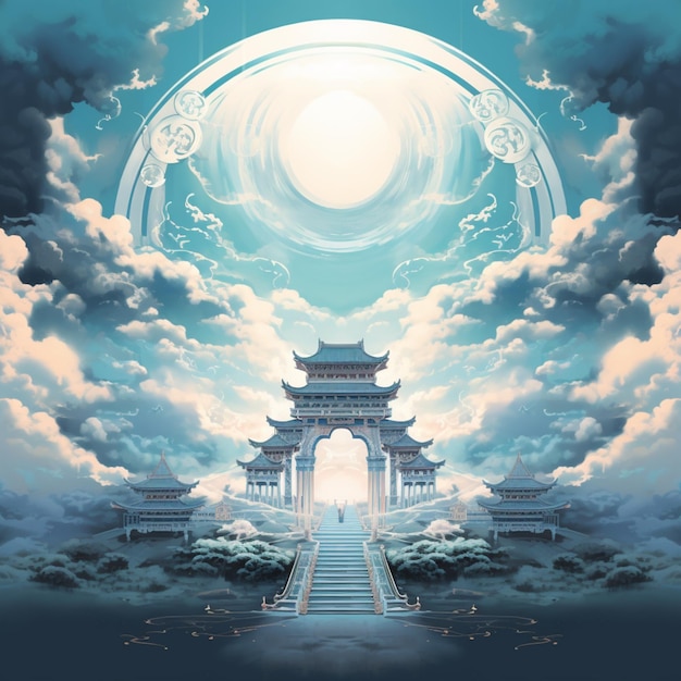 There are paintings of mountain scenes with images of pagodas Ai generated art