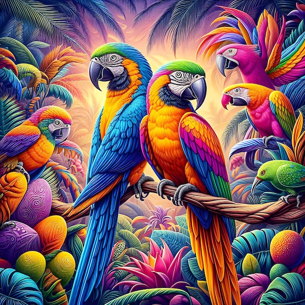 There Are parrots Birds that are sitting on a branch together colorful parrots birds mystical bird