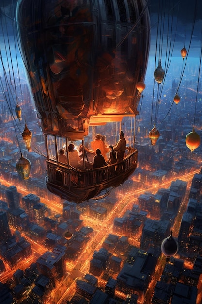 there are people riding in a hot air balloon over a city generative ai