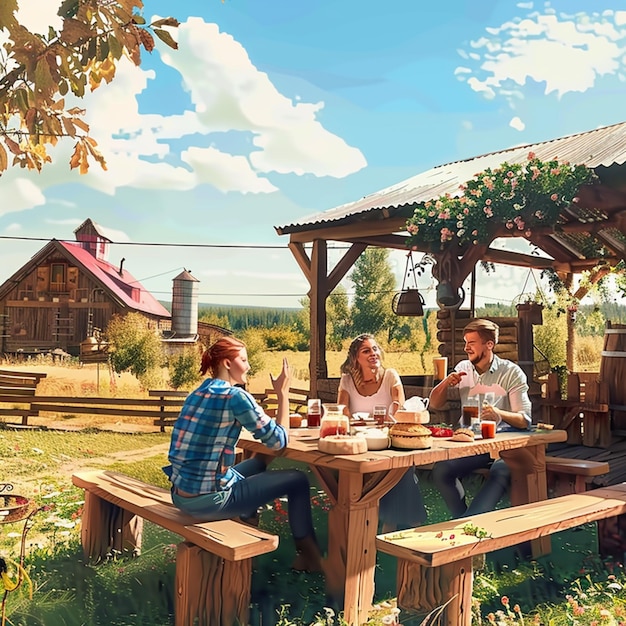 there are people sitting at a picnic table in the grass generative ai