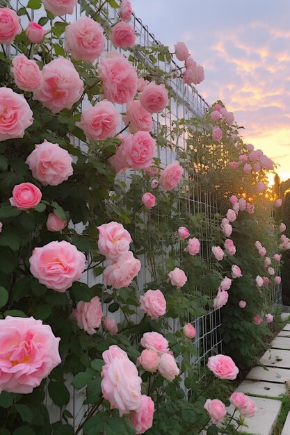 there are pink roses growing on the side of a building generative ai