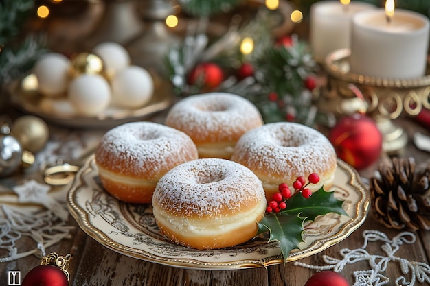 There are a plate of donuts on a plate with a sprig of holly