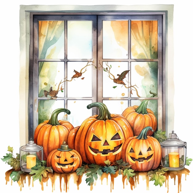 There are pumpkins sitting on the windowsill with candles and bats generative ai