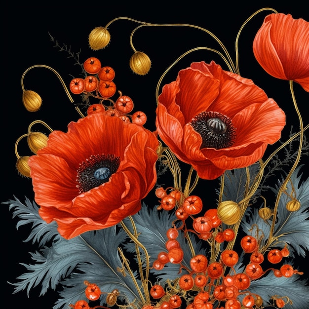 There are red flowers and berries in a vase on a black background generative ai