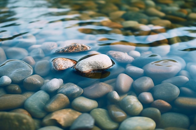 There are rocks and pebbles in the water and a rock in the water generative ai