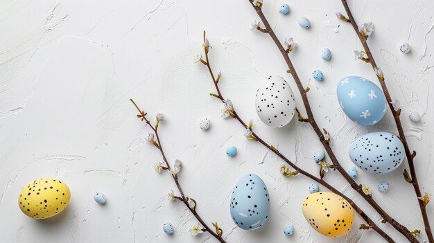 there are several eggs and branches with flowers on a white surface generative ai