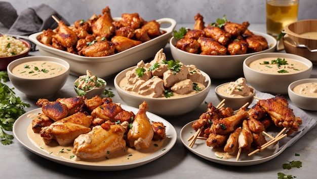 There are several platters of food Some of the food is chicken wings and some is a creamy pasta Th