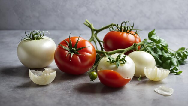 There are several ripe red and white tomatoes and small white onions on a table