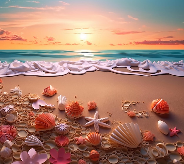 There are shells and seashells on the beach at sunset generative ai