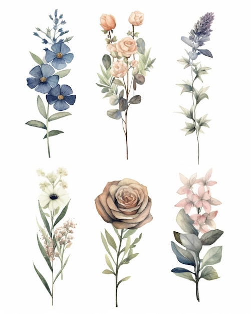 There are six different flowers that are painted in watercolor generative ai