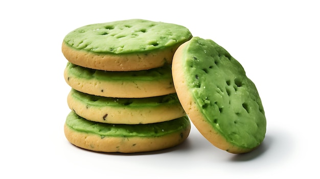 there are a stack of cookies with green frosting on top