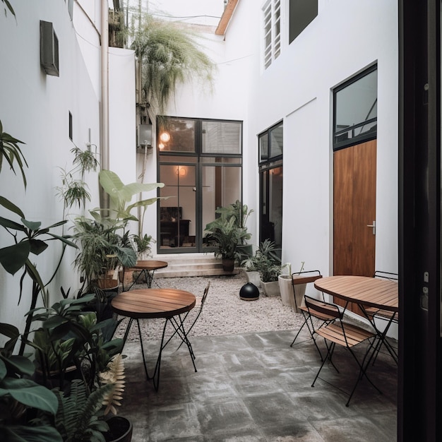 there are tables and chairs in a courtyard area with plants generative ai