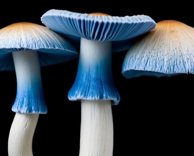 There are three blue mushrooms that are sitting on a black surface