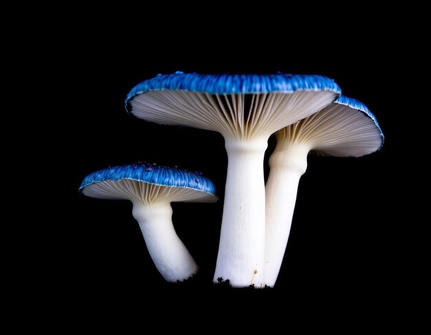 There are three blue mushrooms that are sitting on a black surface