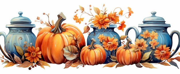 There are three blue vases with orange flowers and pumpkins generative ai