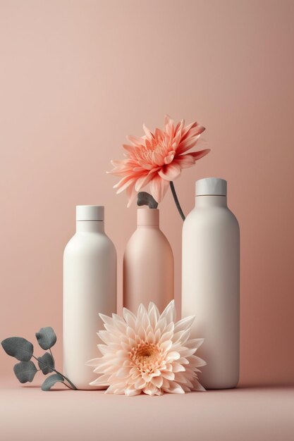 There are three bottles with flowers and a flower in them generative ai