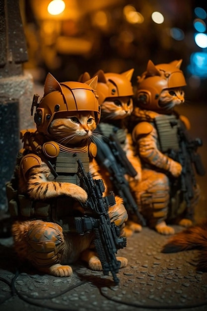 There are three cats in the picture wearing military gear generative ai