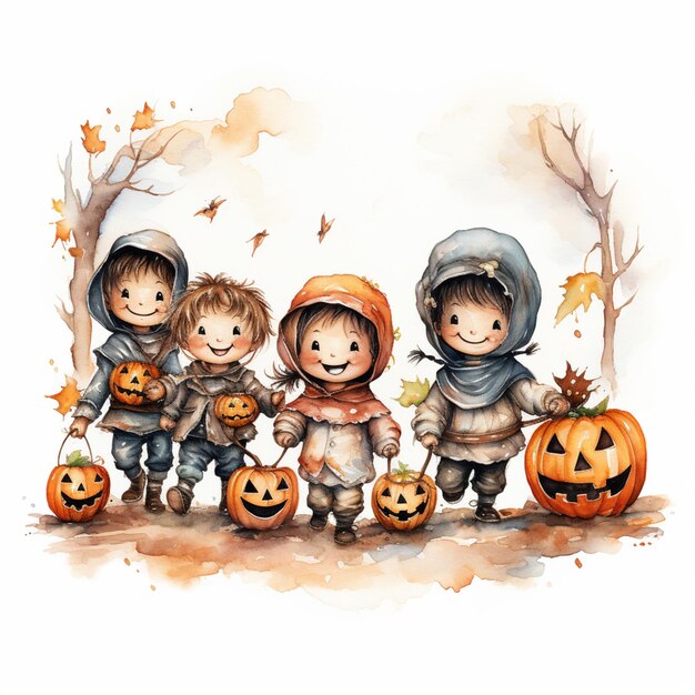 there are three children dressed up in costumes holding pumpkins generative ai