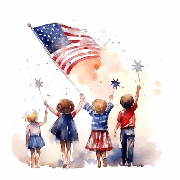 There are three children holding a flag and a star generative ai