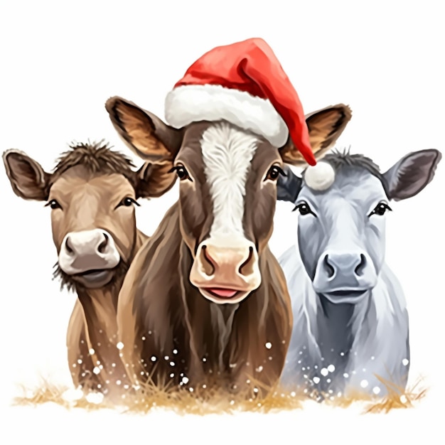 there are three cows wearing a santa hat standing together generative ai