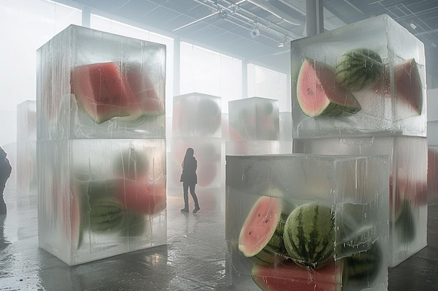 Photo there are three cubes of watermelon in a room with people generative ai