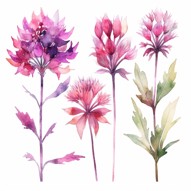 There are three different flowers that are painted in watercolor generative ai