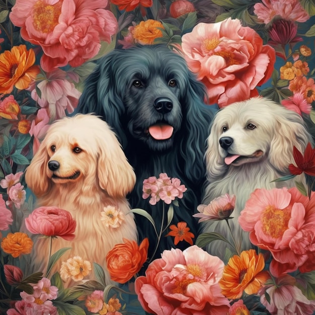 There are three dogs that are sitting in a flowery field generative ai