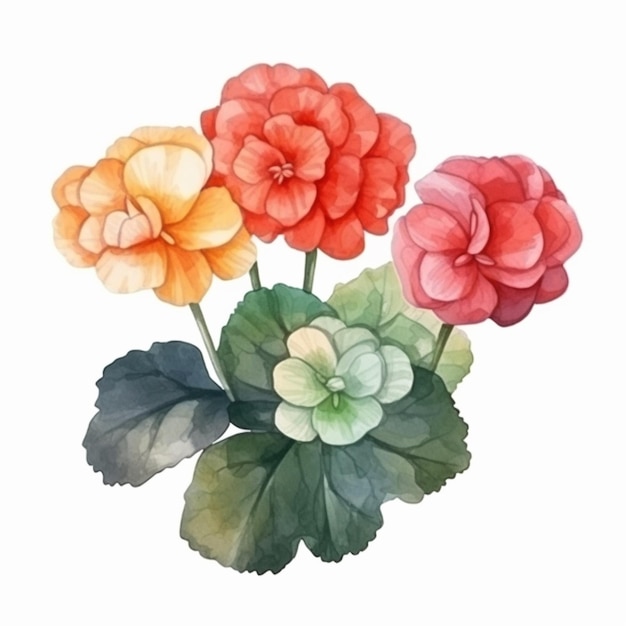 There are three flowers that are painted in watercolor on a white background generative ai